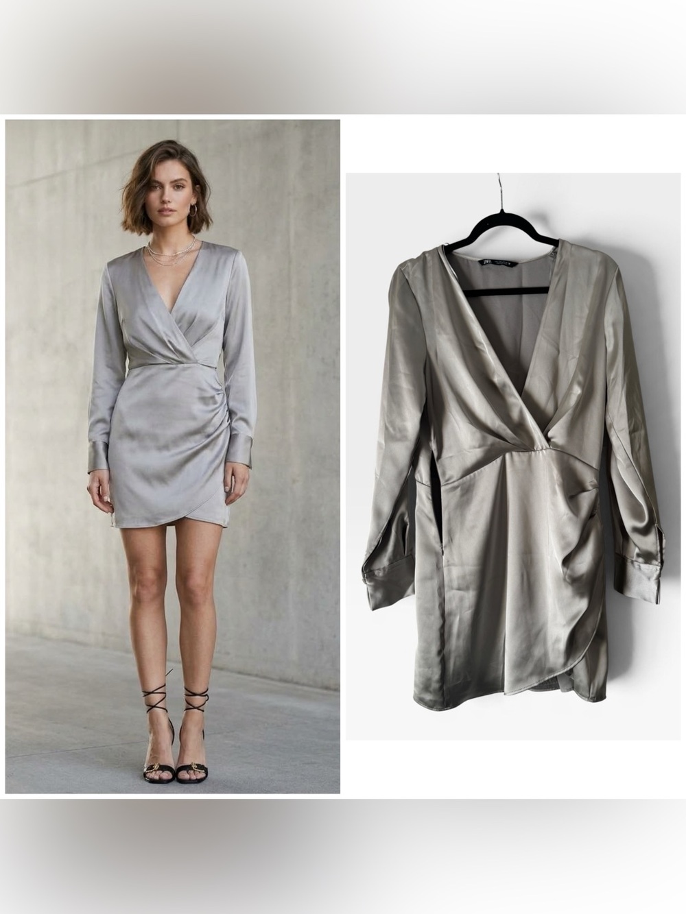 Zara Satin Faux Wrap Mini Dress in Silver Gray, Large - Picture 1 of 7